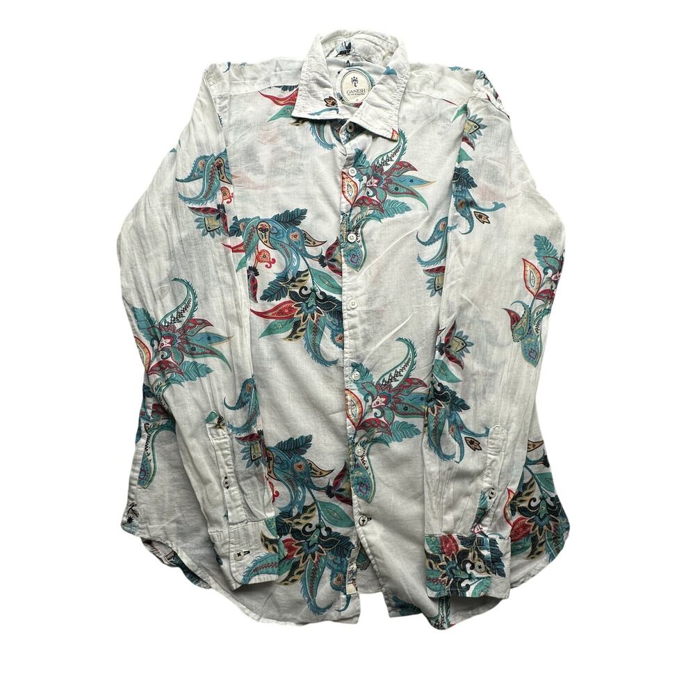 Ganesh Shirt Floral Art Print Long Sleeve Button Shirt Mens Large White Cotton